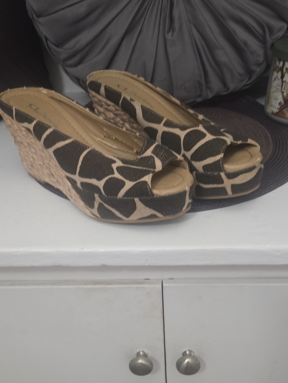 Laundry By Shelli Segal Giraffe-Print Peep-Toe Wedge Sandals in Black and Tan